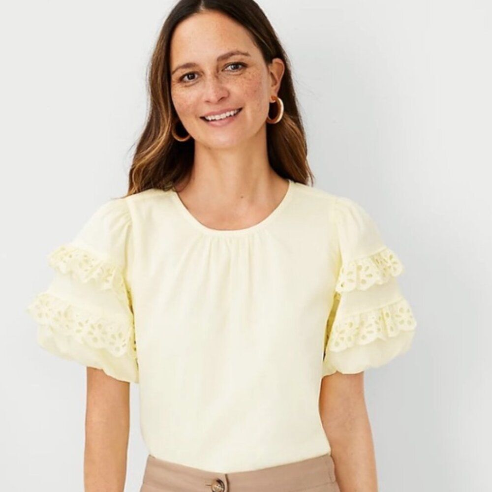 Ann Taylor Eyelet Ruffle Sleeve Top – Soft Butter Yellow - Size S - NWT